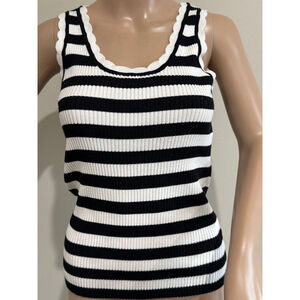 Women's White Birch Black & White Striped Ribbed Tank Top M scalloped edge